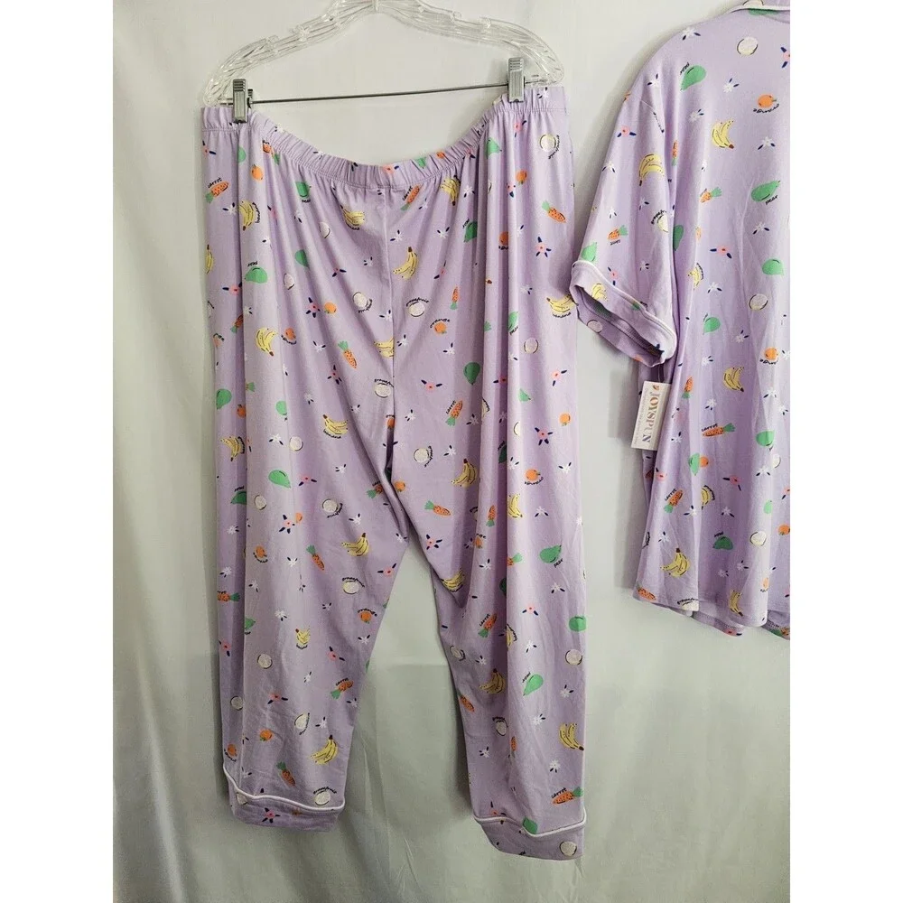 Joyspun NWT Womens 2X Pajama Set Purple Fruit Print Button Front Short Sleeve